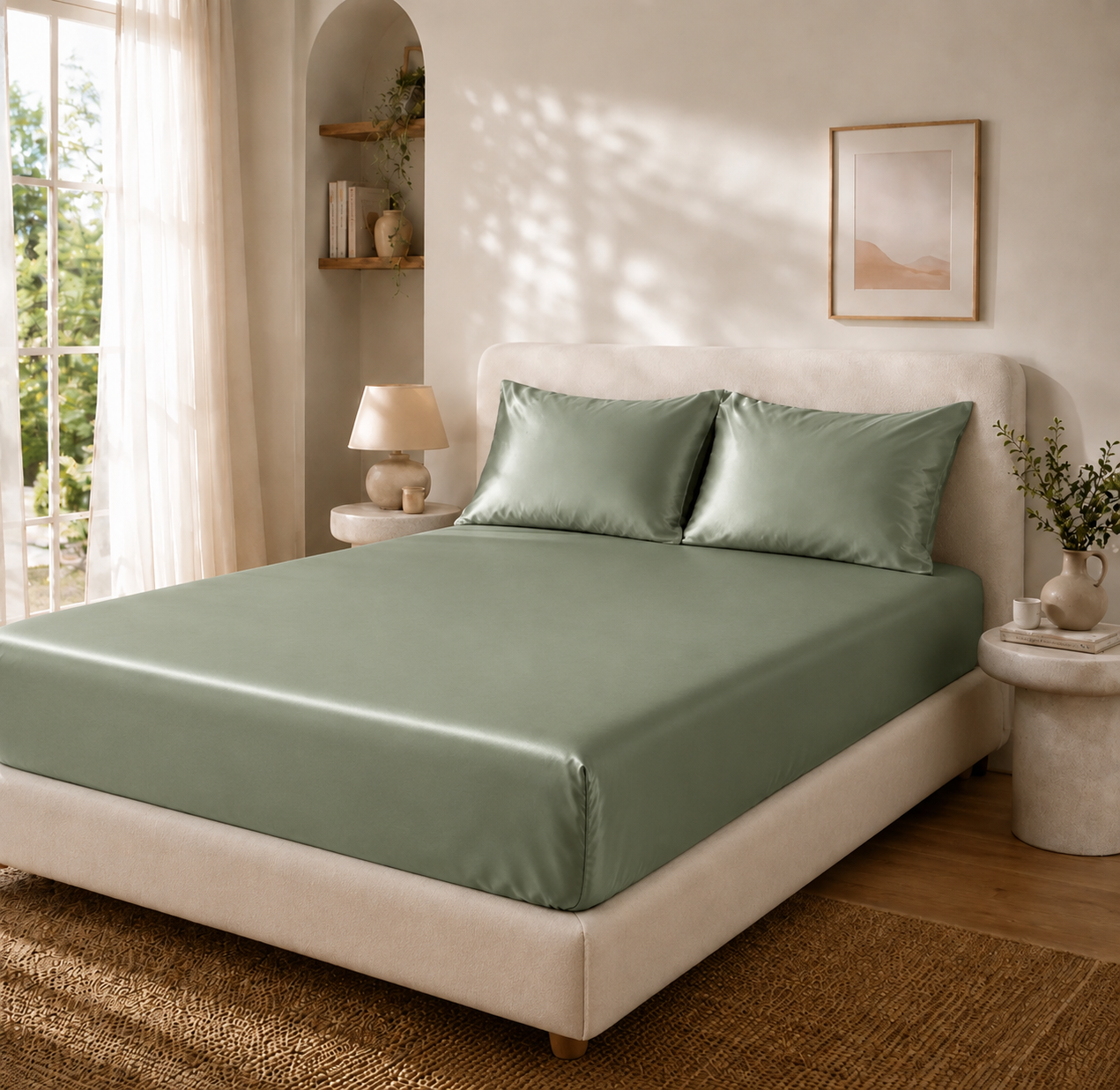 Drap Housse Vert Foncé en Soie de Mûrier