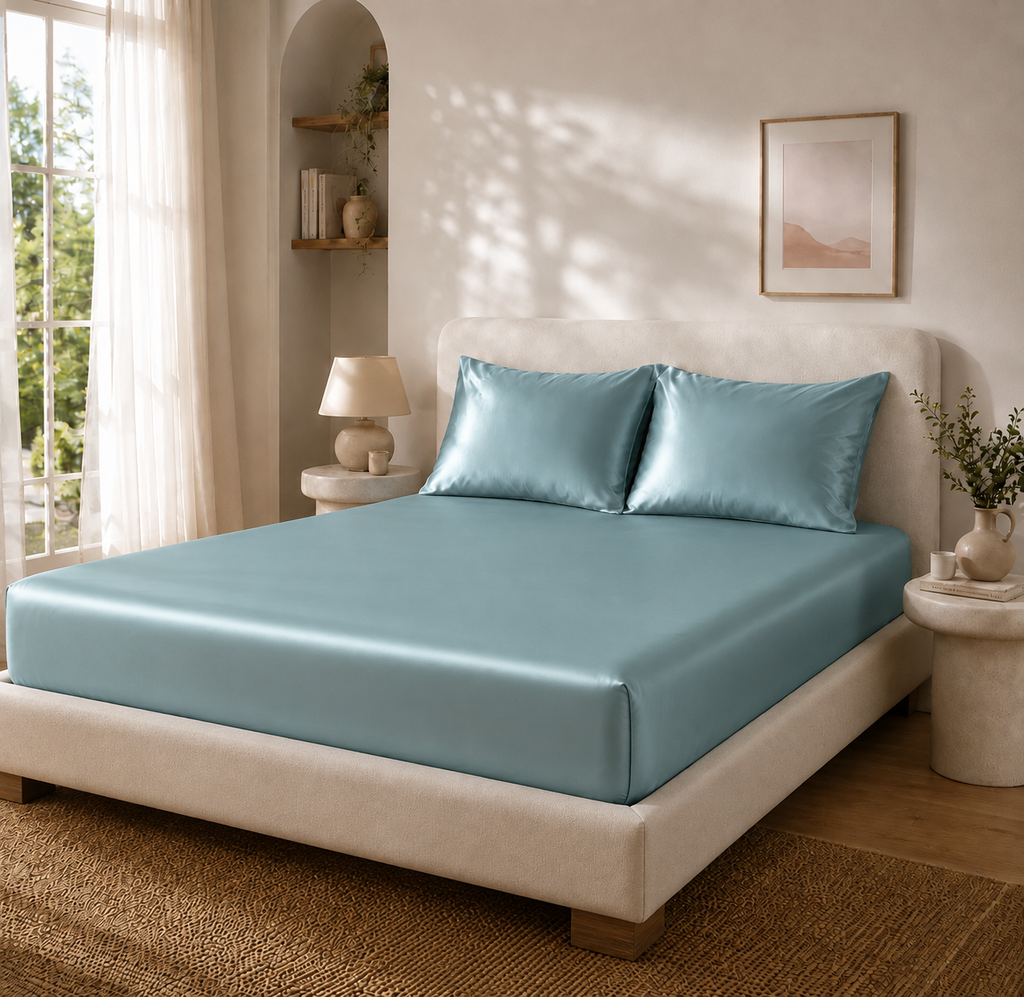 Drap Housse Bleu en Soie de Mûrier