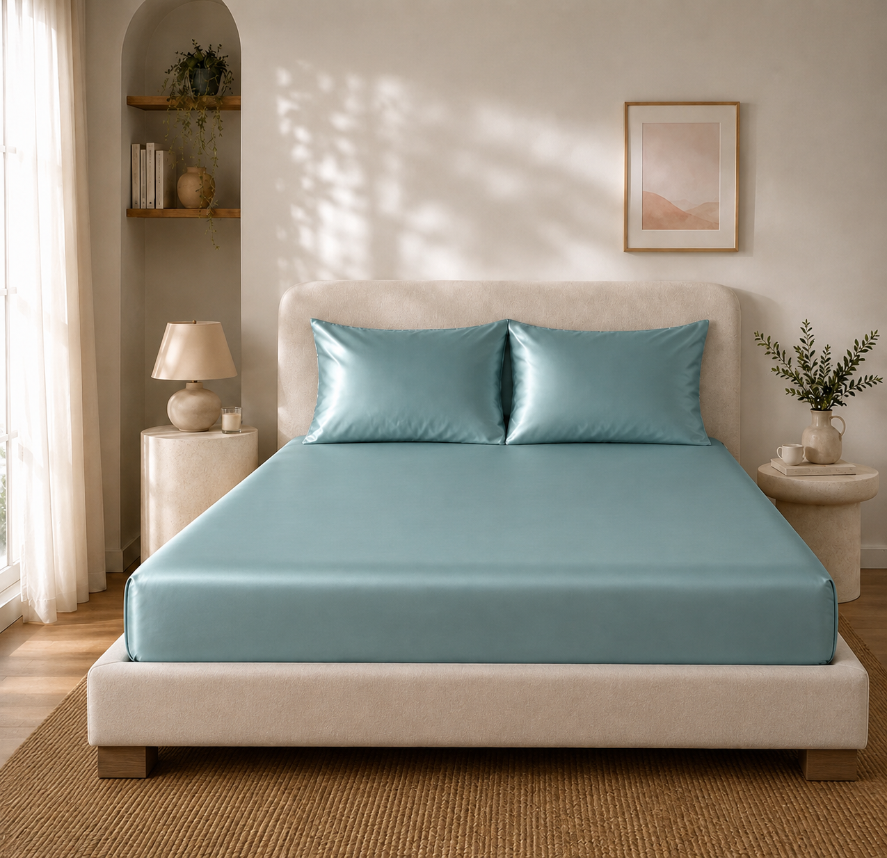 Drap Housse Bleu en Soie de Mûrier