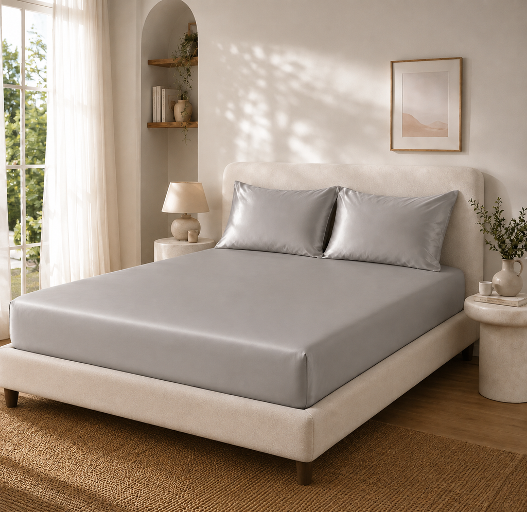Drap Housse Gris Argenté en Soie de Mûrier