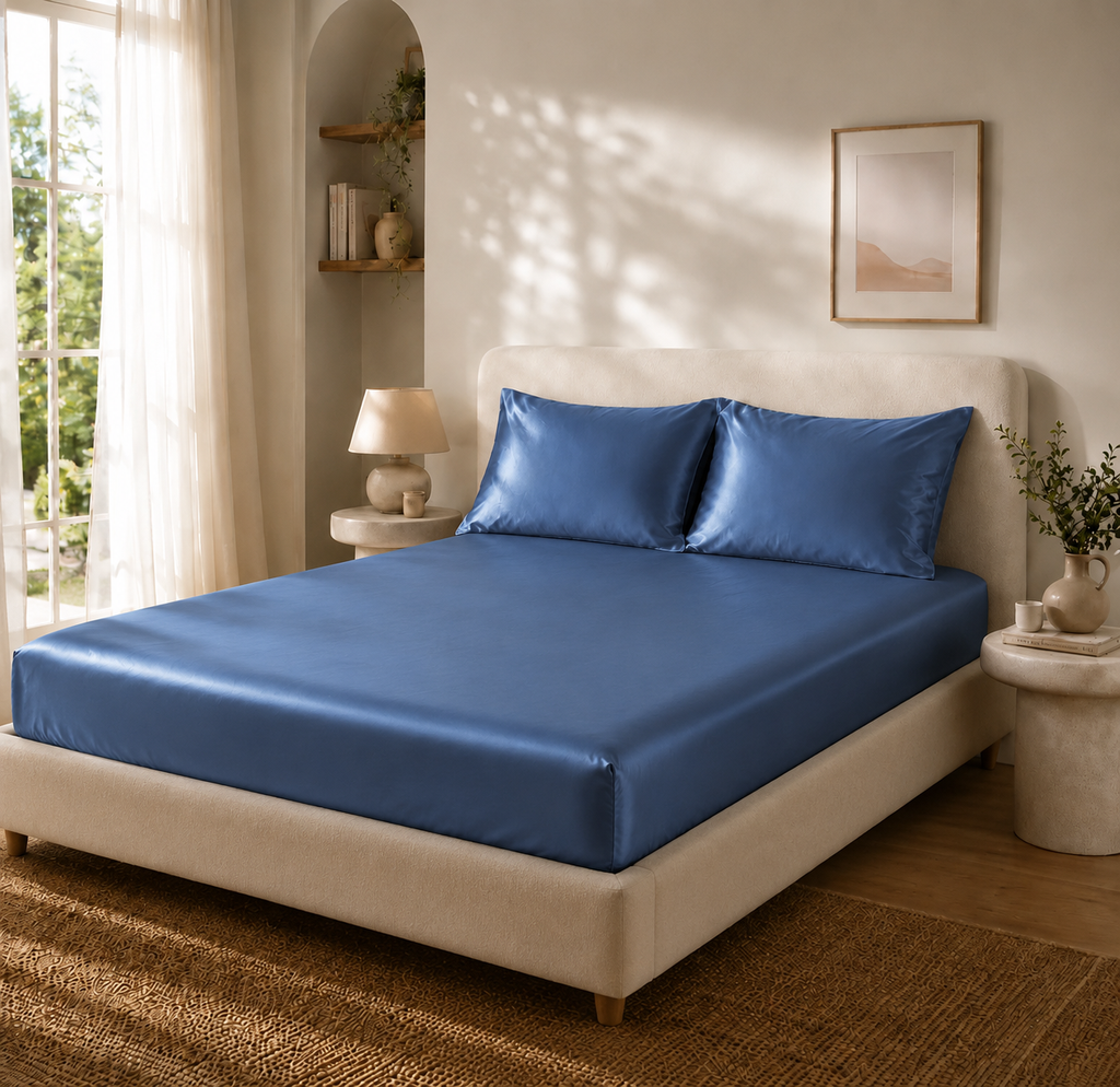 Drap Housse Bleu Foncé en Soie de Mûrier