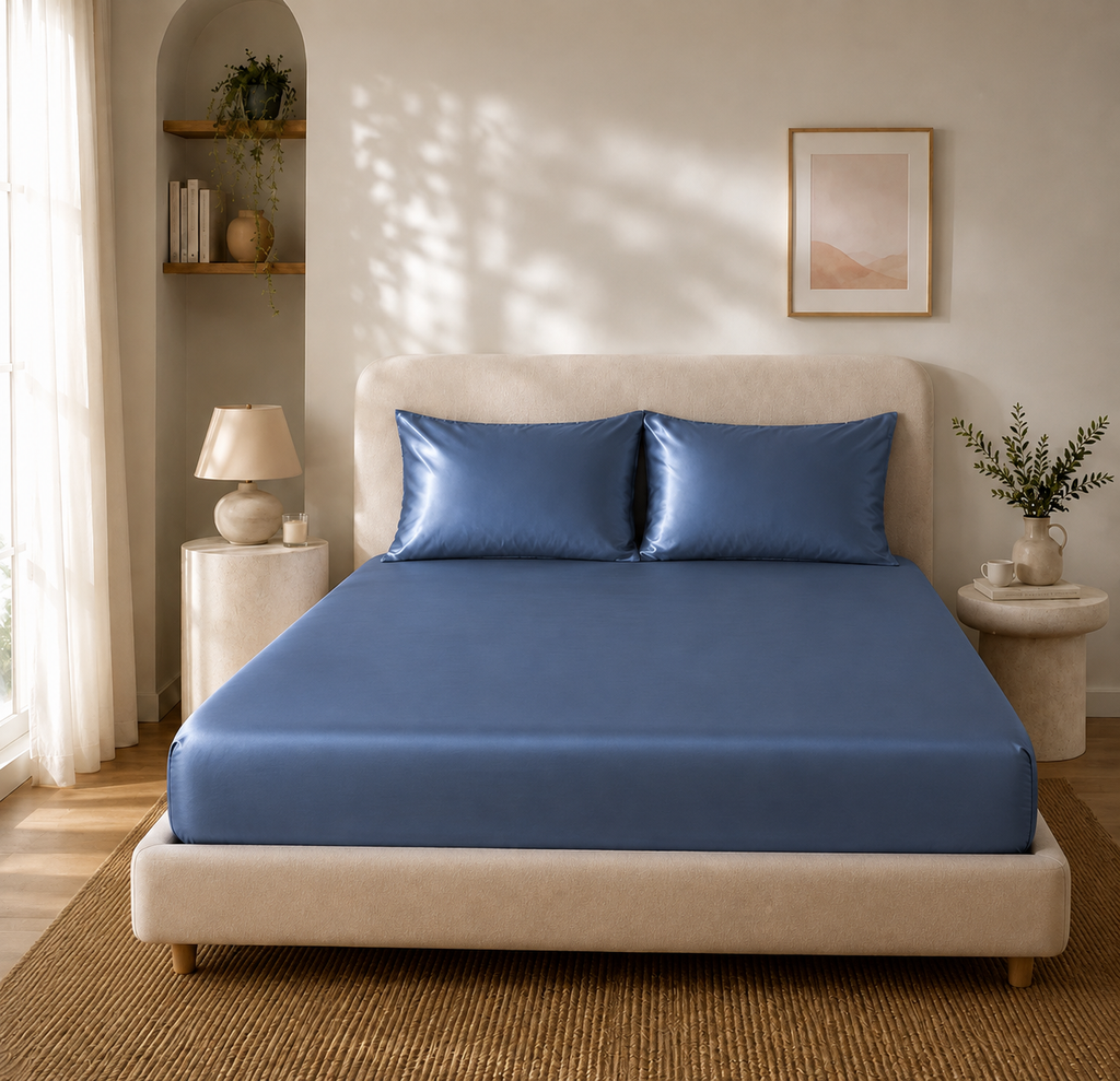 Drap Housse Bleu Foncé en Soie de Mûrier