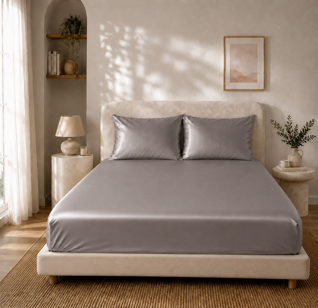 Drap Housse Gris en Soie de Mûrier