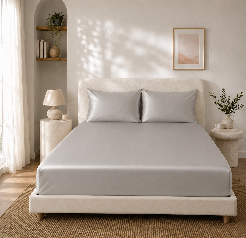 Drap Housse Gris Argenté en Soie de Mûrier