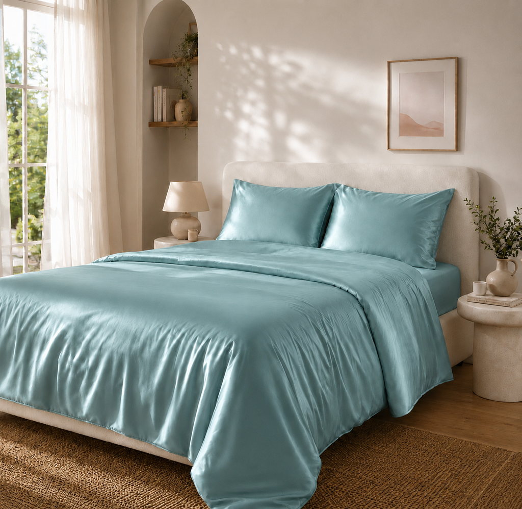 Housse de Couette Bleue en Soie de Mûrier