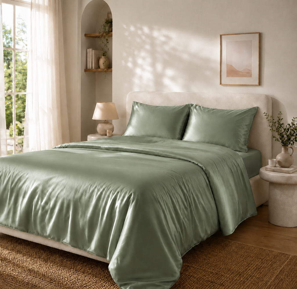 Housse de Couette Vert Foncé en Soie de Mûrier