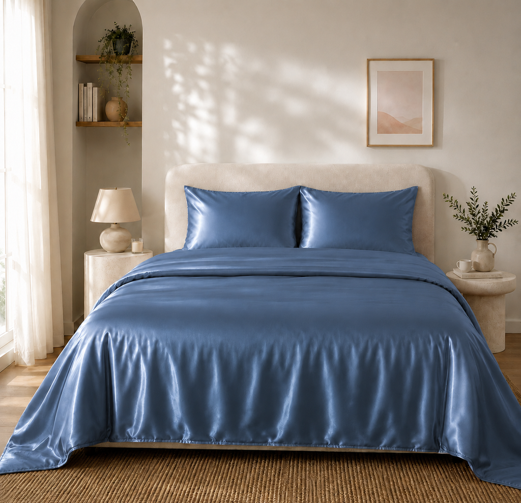 Housse de Couette Bleu Foncé en Soie de Mûrier