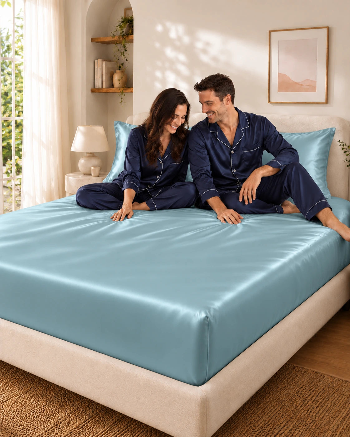 Couple complice assis sur un drap housse bleu en soie de mûrier