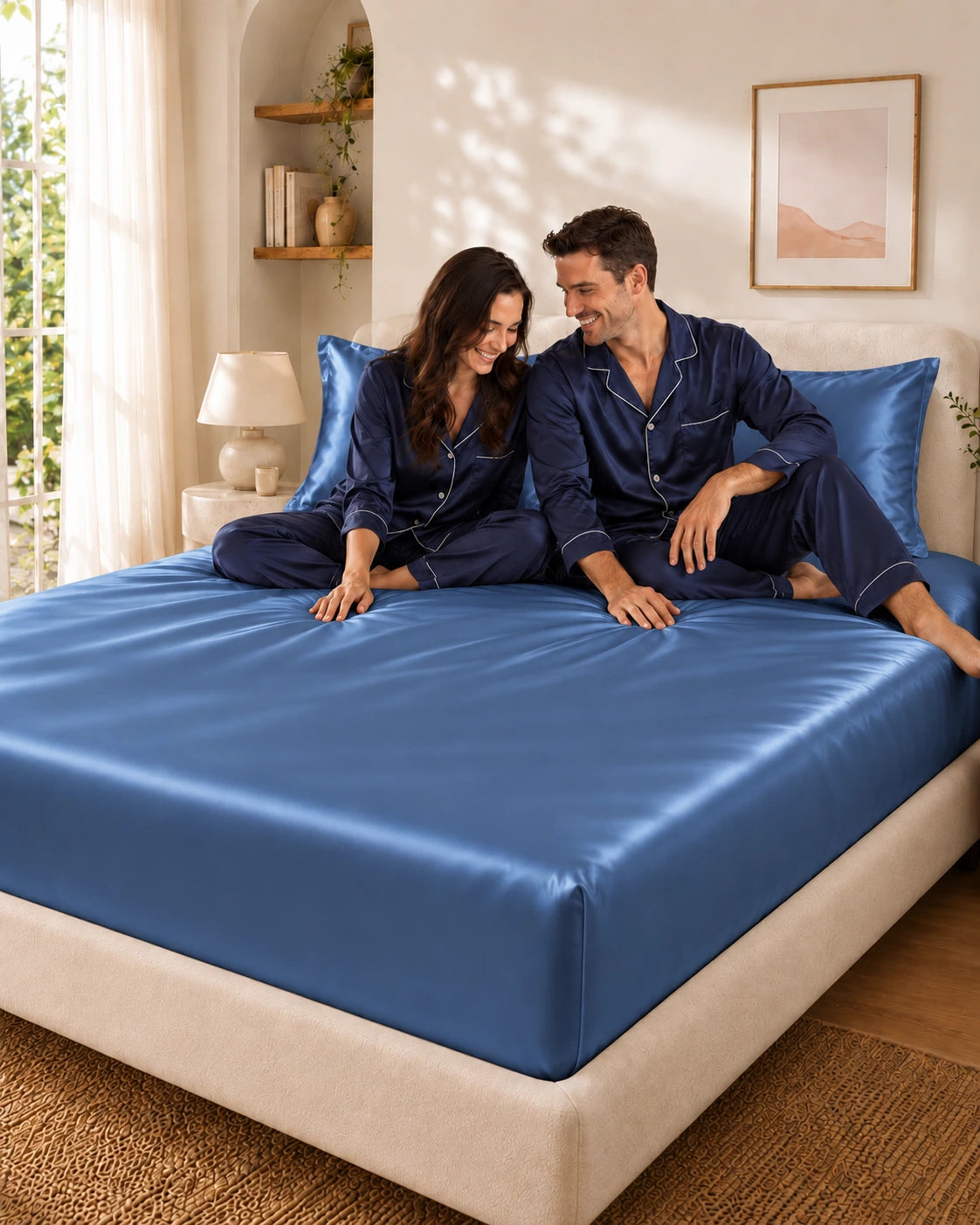Couple complice assis sur un drap housse bleu foncé en soie de mûrier