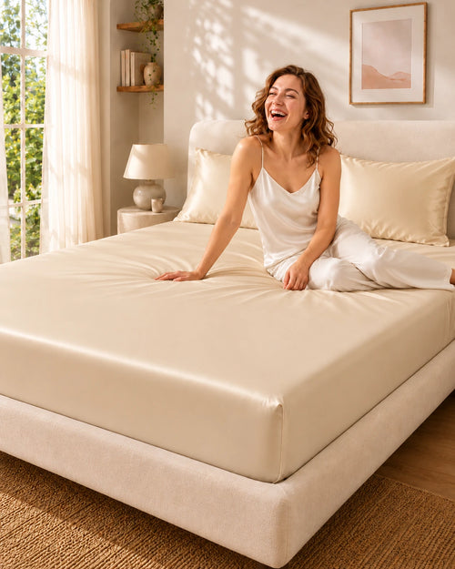 Femme souriante assise sur un drap housse champagne en soie de mûrier