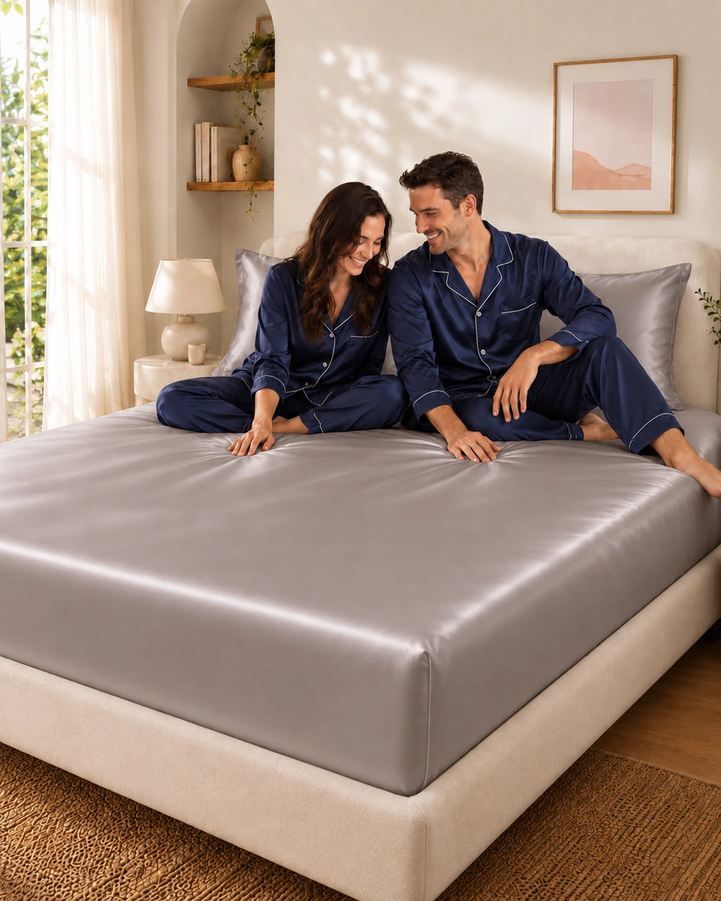 Couple complice assis sur un drap housse gris en soie de mûrier