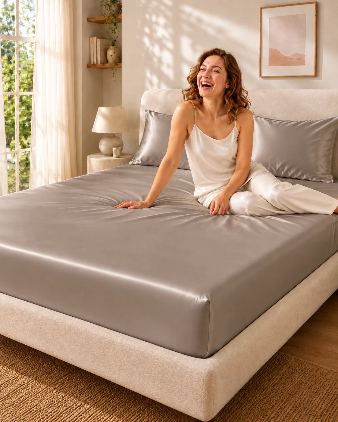 Femme souriante assise sur un drap housse kaki en soie de mûrier