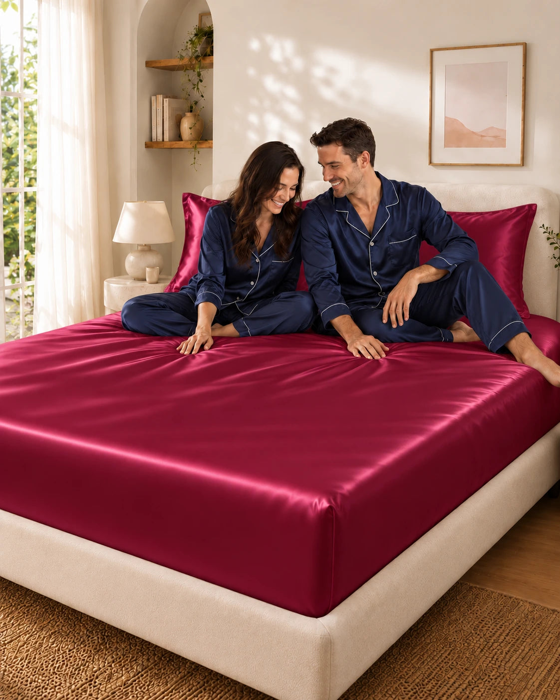 Couple complice assis sur un drap housse rouge en soie de mûrier
