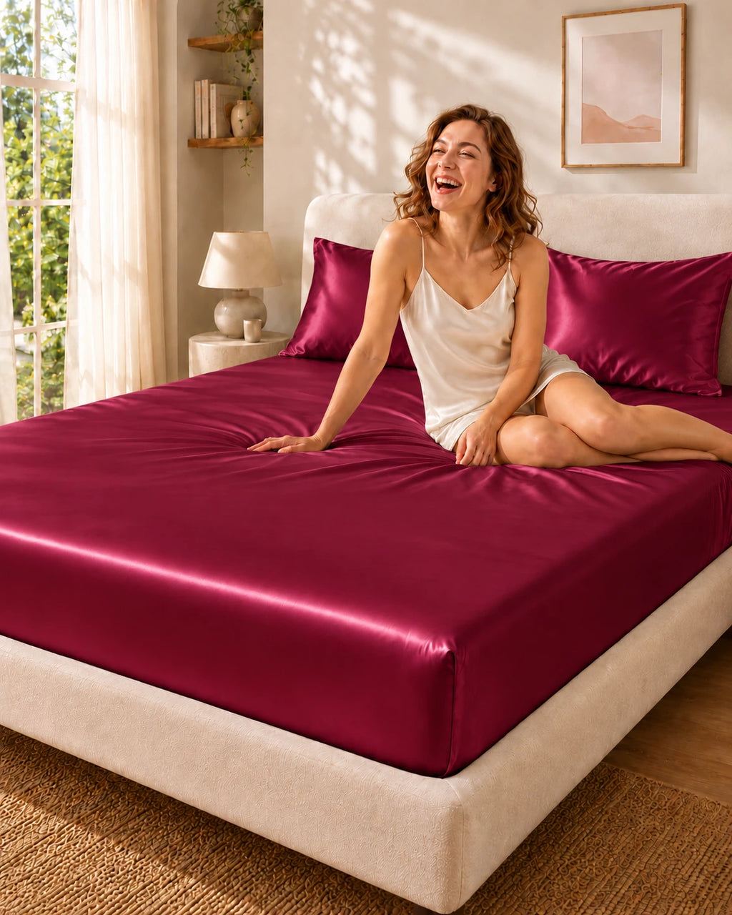 Femme souriante assise sur un drap housse rouge en soie de mûrier