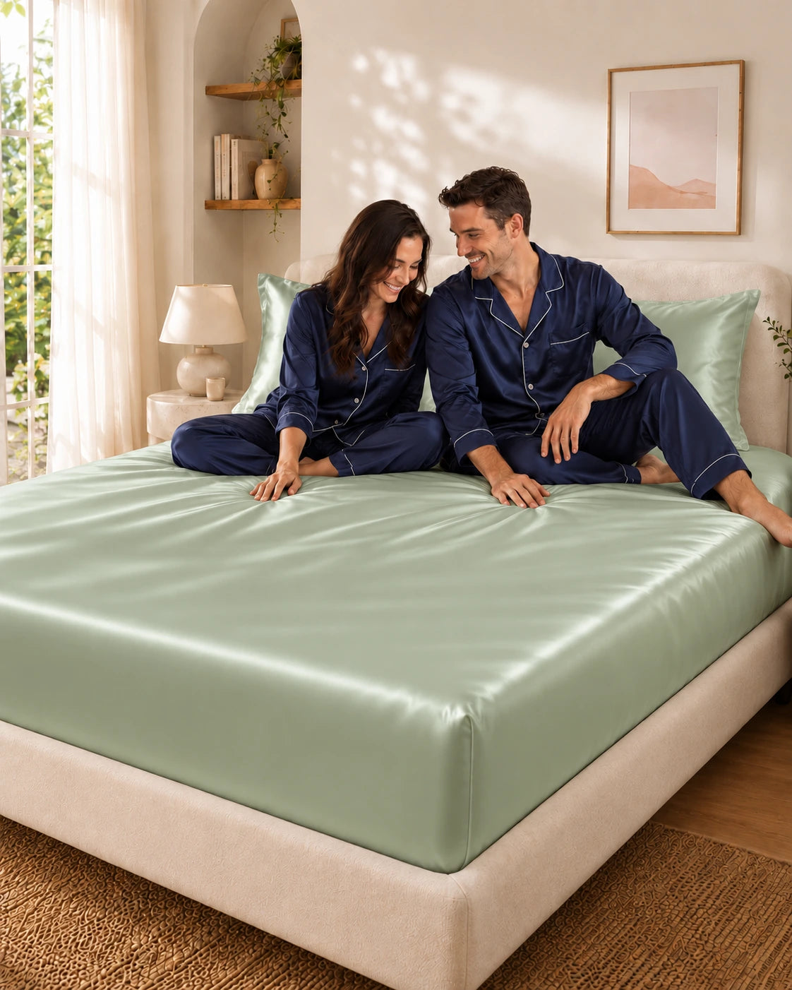 Couple complice assis sur un drap housse vert clair en soie de mûrier