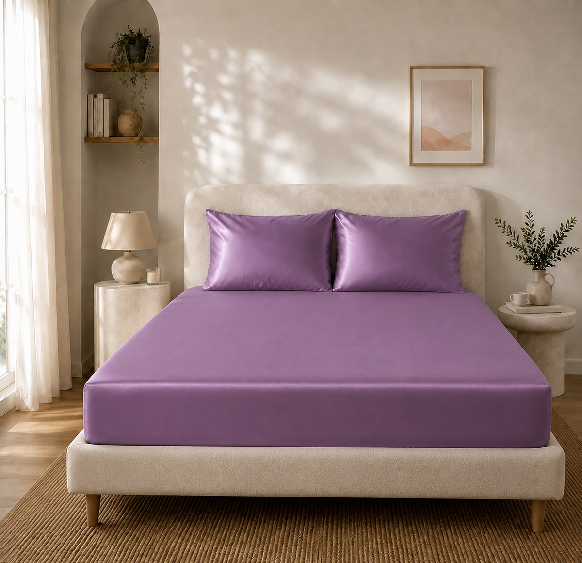 Lit fait avec un drap housse violet en soie de mûrier, vue de face