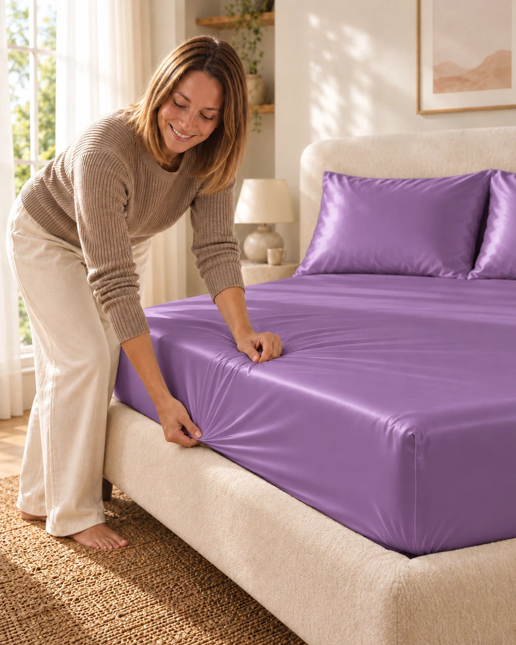 Femme ajustant le coin d'un drap housse violet en soie de mûrier