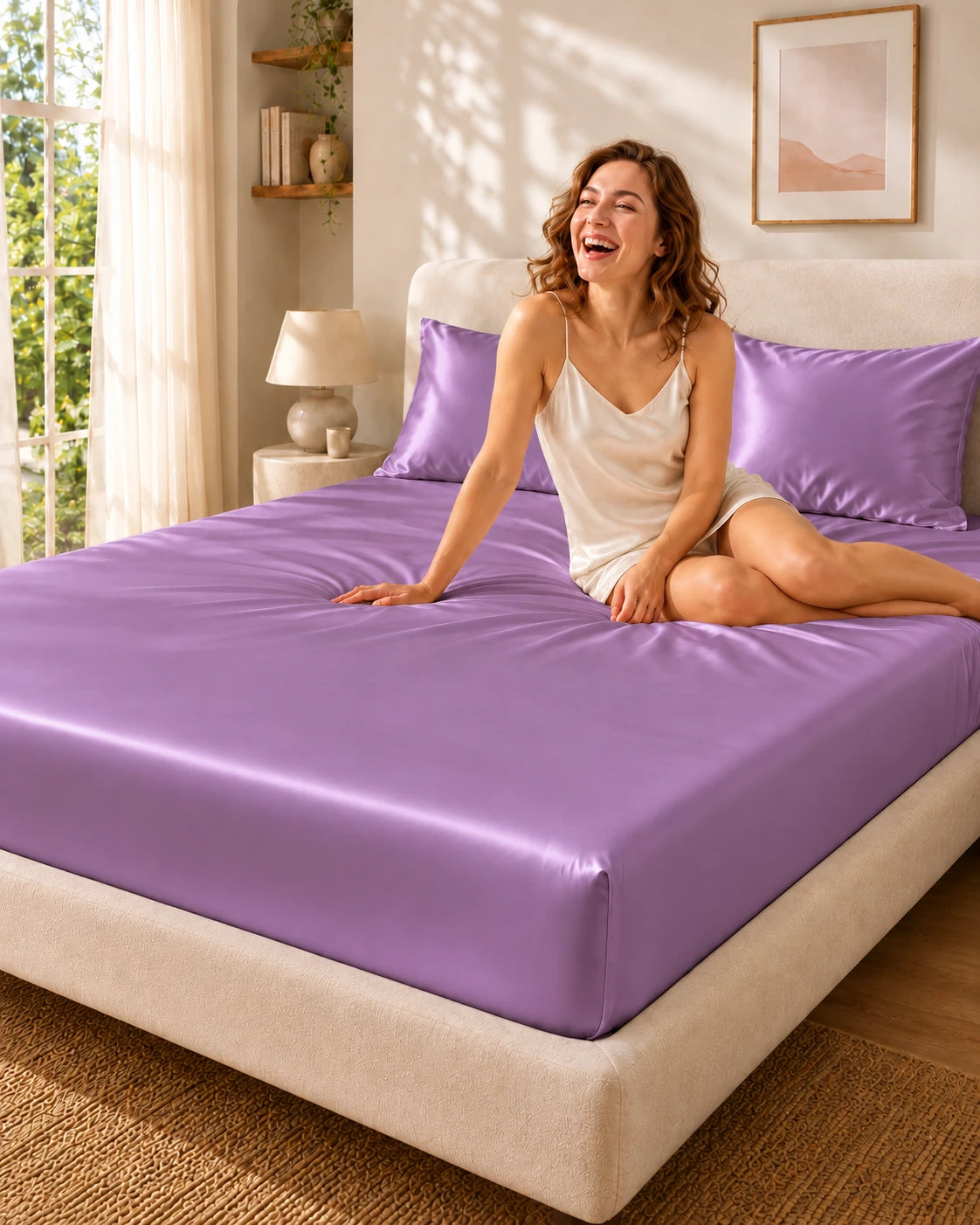 Femme souriante assise sur un drap housse violet en soie de mûrier