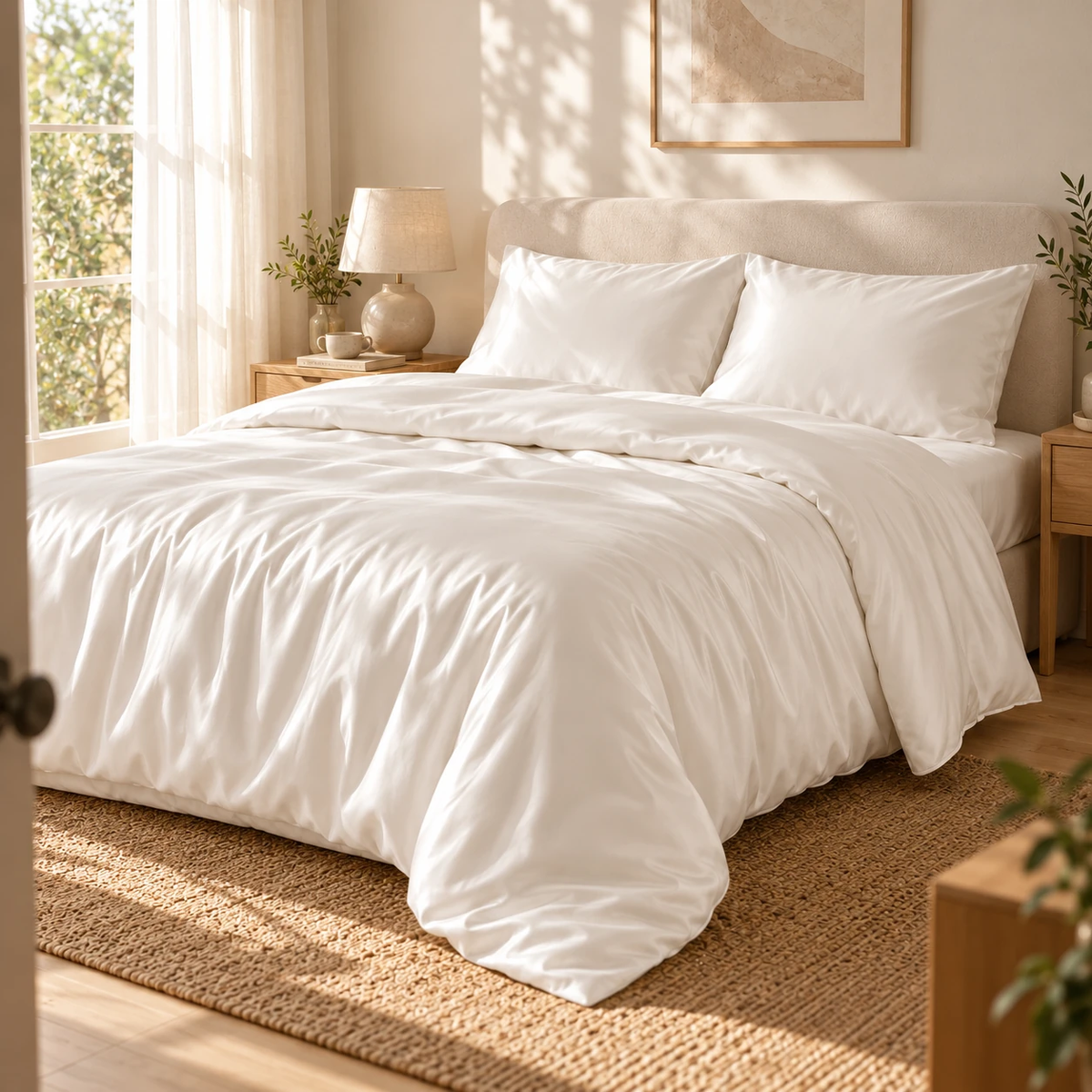Housse de couette blanche en soie de mûrier dans une chambre lumineuse