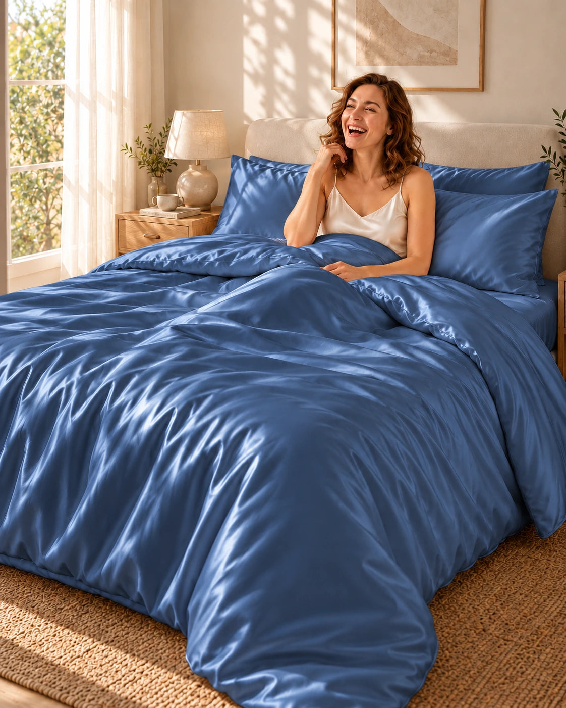 Femme souriante blottie sous une housse de couette bleu foncé en soie de mûrier