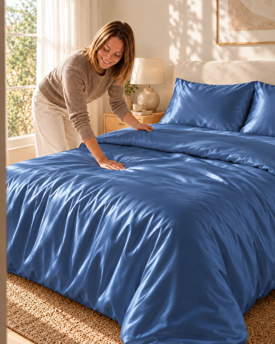 Femme lissant une housse de couette bleu foncé en soie de mûrier sur un lit