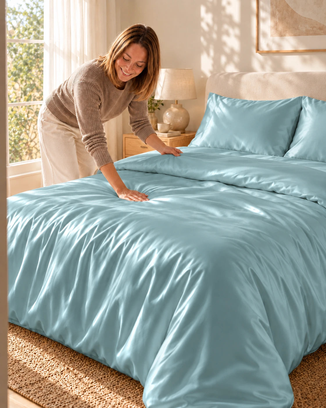 Femme lissant une housse de couette bleue en soie de mûrier sur un lit