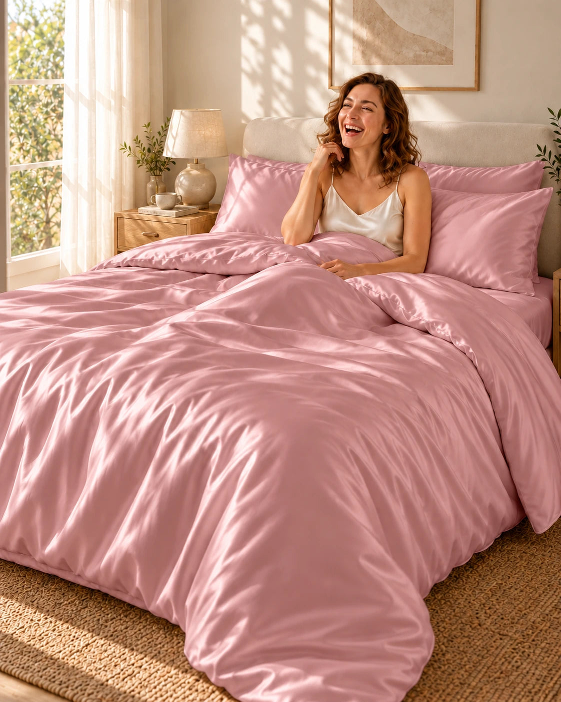 Femme souriante blottie sous une housse de couette rose en soie de mûrier