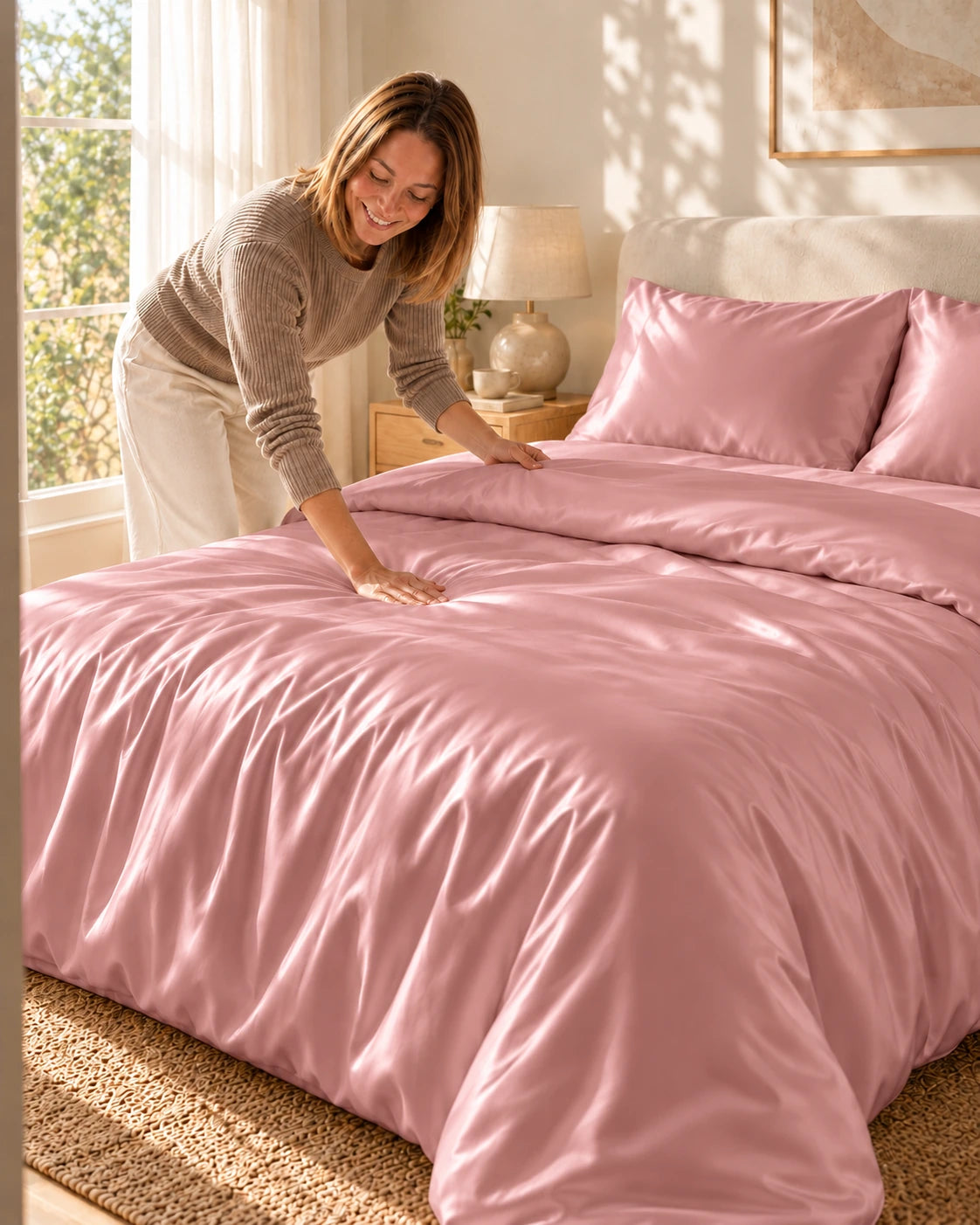 Femme lissant une housse de couette rose en soie de mûrier sur un lit