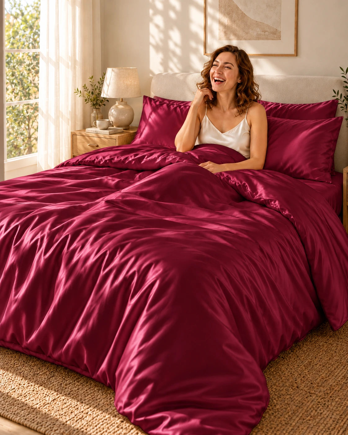 Femme souriante blottie sous une housse de couette rouge en soie de mûrier
