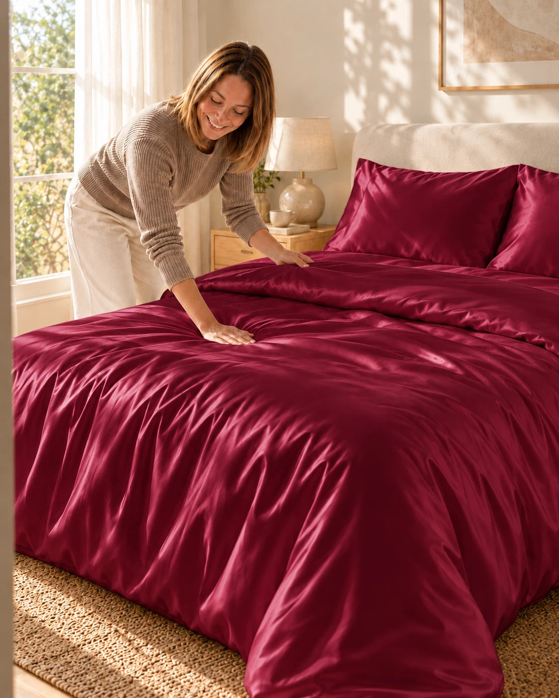 Femme lissant une housse de couette rouge en soie de mûrier sur un lit