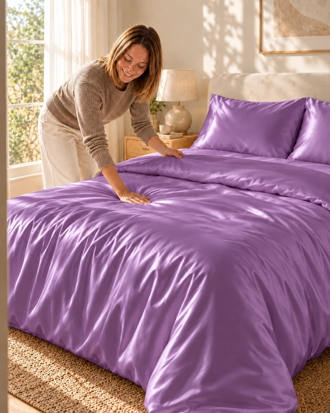 Femme lissant une housse de couette violette en soie de mûrier sur un lit
