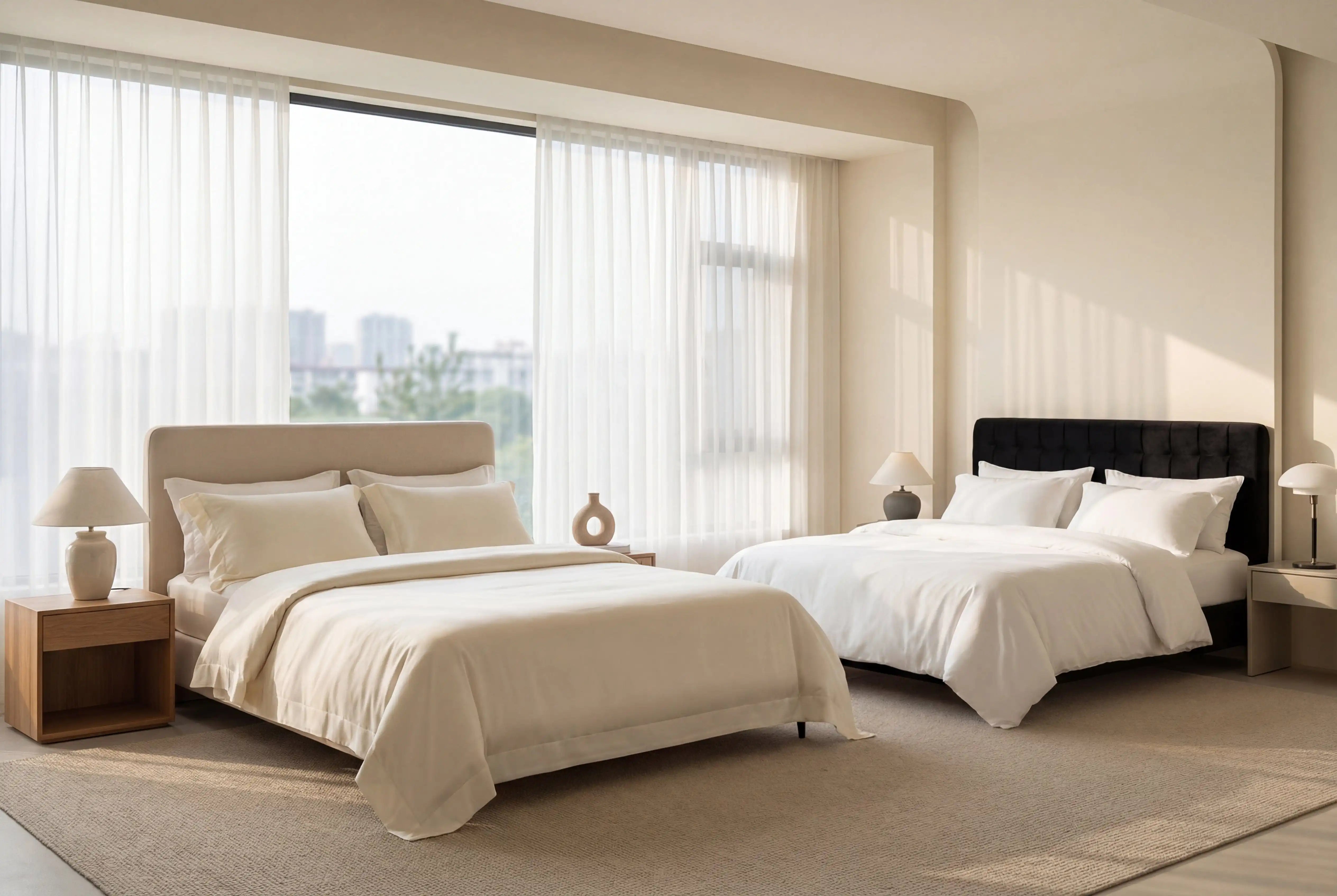 Deux lits Houssea dans une chambre moderne, literie confortable et design