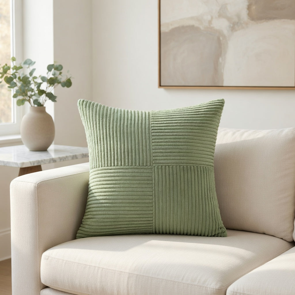 Housse de Coussin Velours Côtelé Rayée Verte Premium