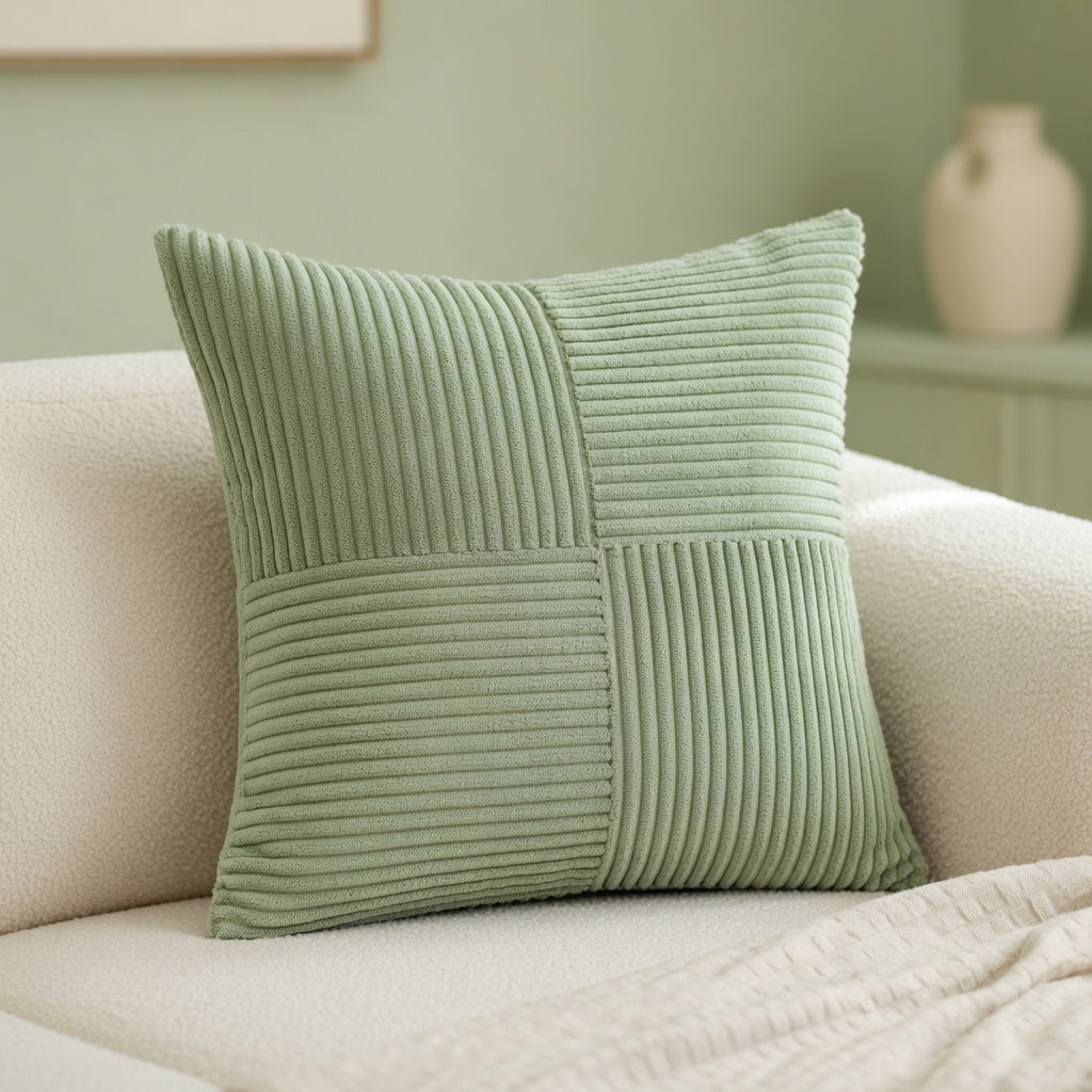 Housse de Coussin Velours Côtelé Rayée Verte Premium
