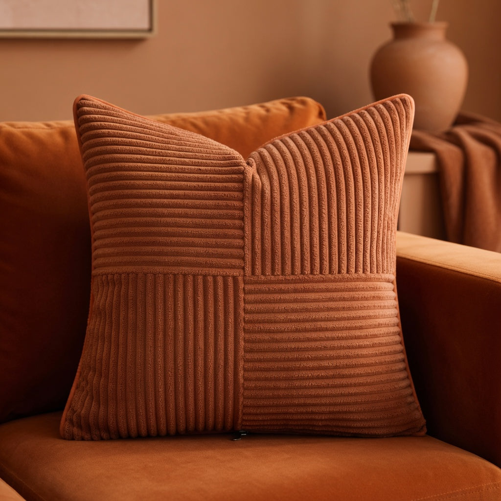 Housse de Coussin Rayée Corduroy Terracotta