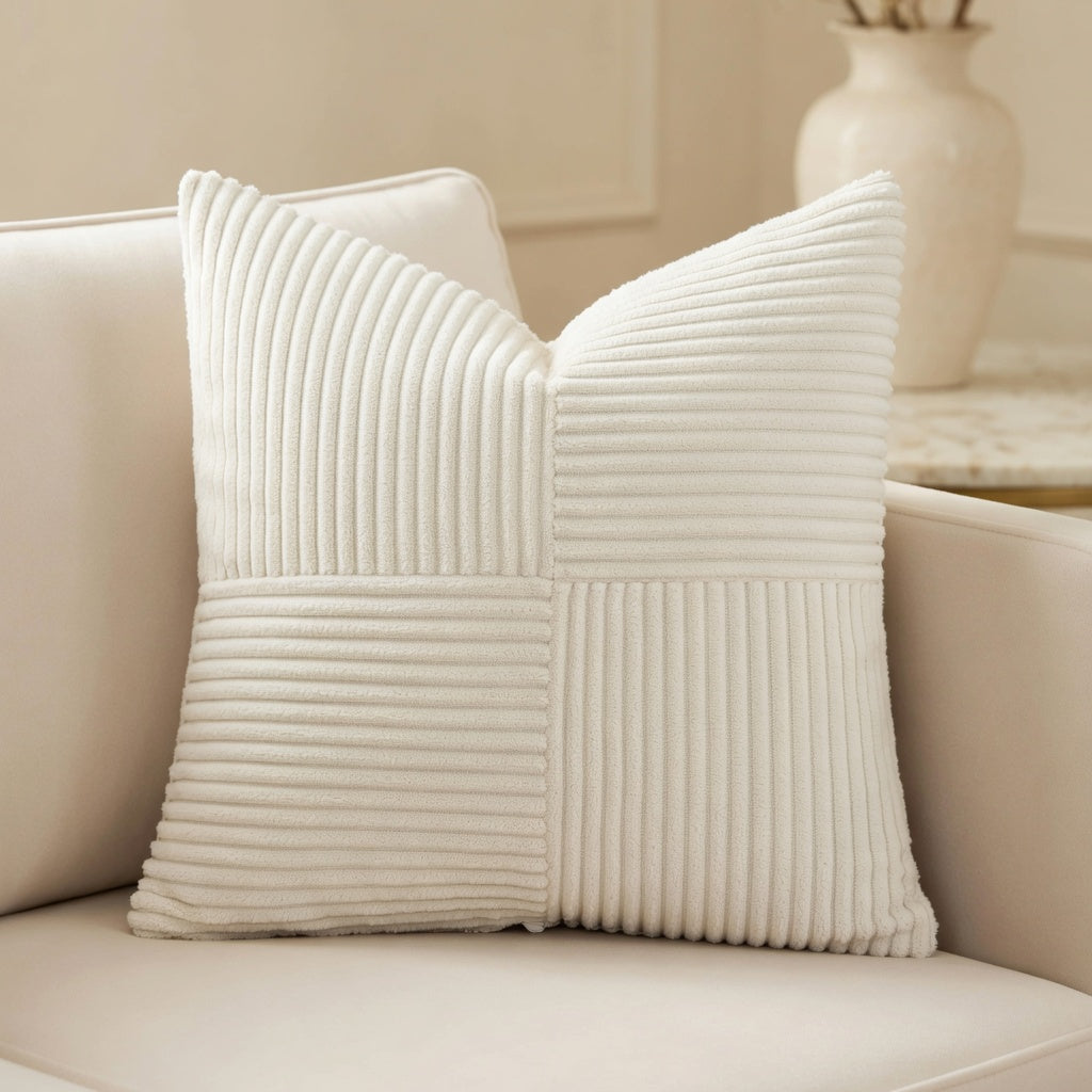 Housse de Coussin Rayée en Velours Côtelé Premium