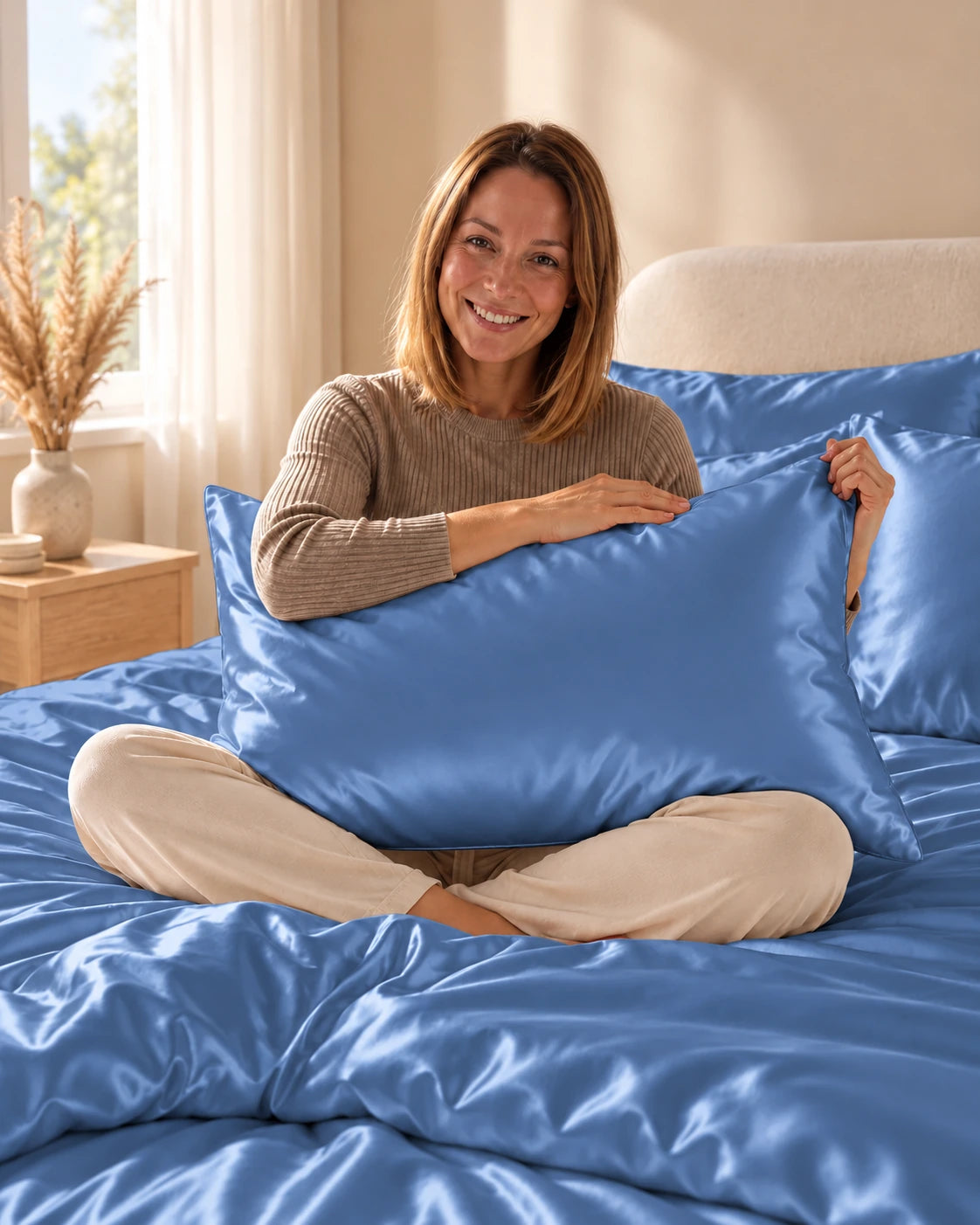 Femme assise sur son lit avec une taie d'oreiller bleu foncé en soie de mûrier