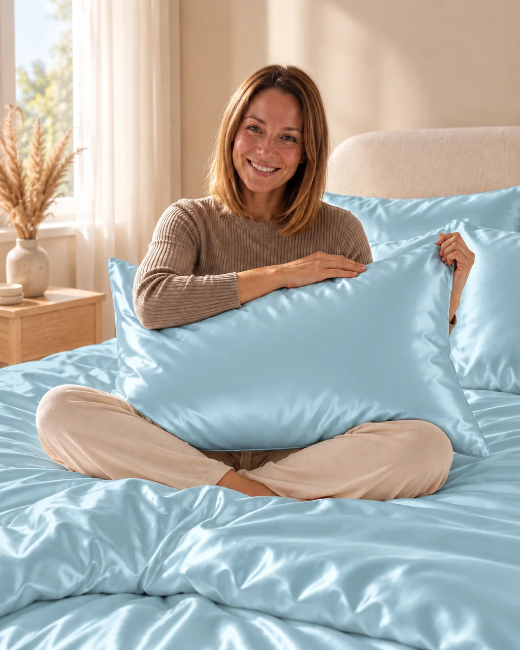 Femme assise sur son lit avec une taie d'oreiller bleue en soie de mûrier