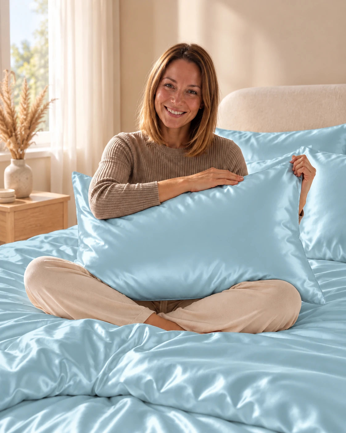Femme assise sur son lit avec une taie d'oreiller bleue en soie de mûrier