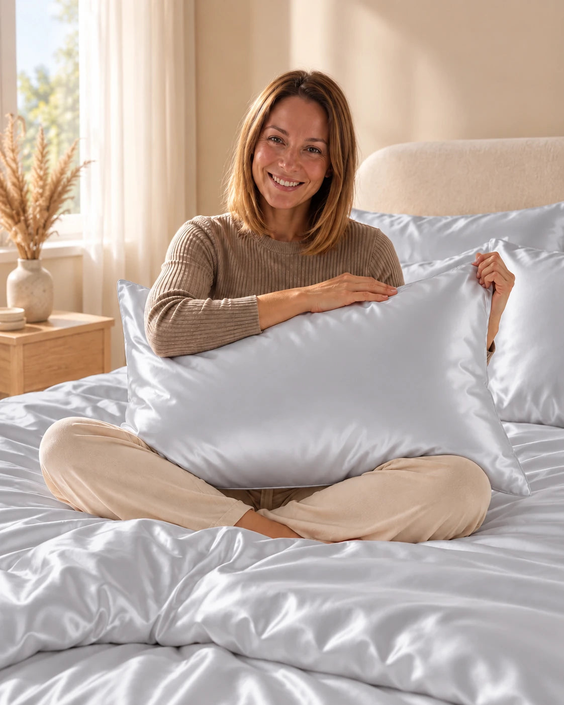 Femme assise sur son lit avec une taie d'oreiller gris argenté en soie de mûrier