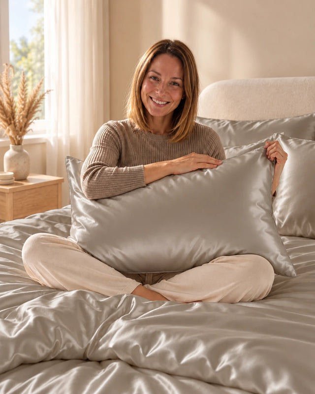 Femme assise sur son lit avec une taie d'oreiller kaki en soie de mûrier