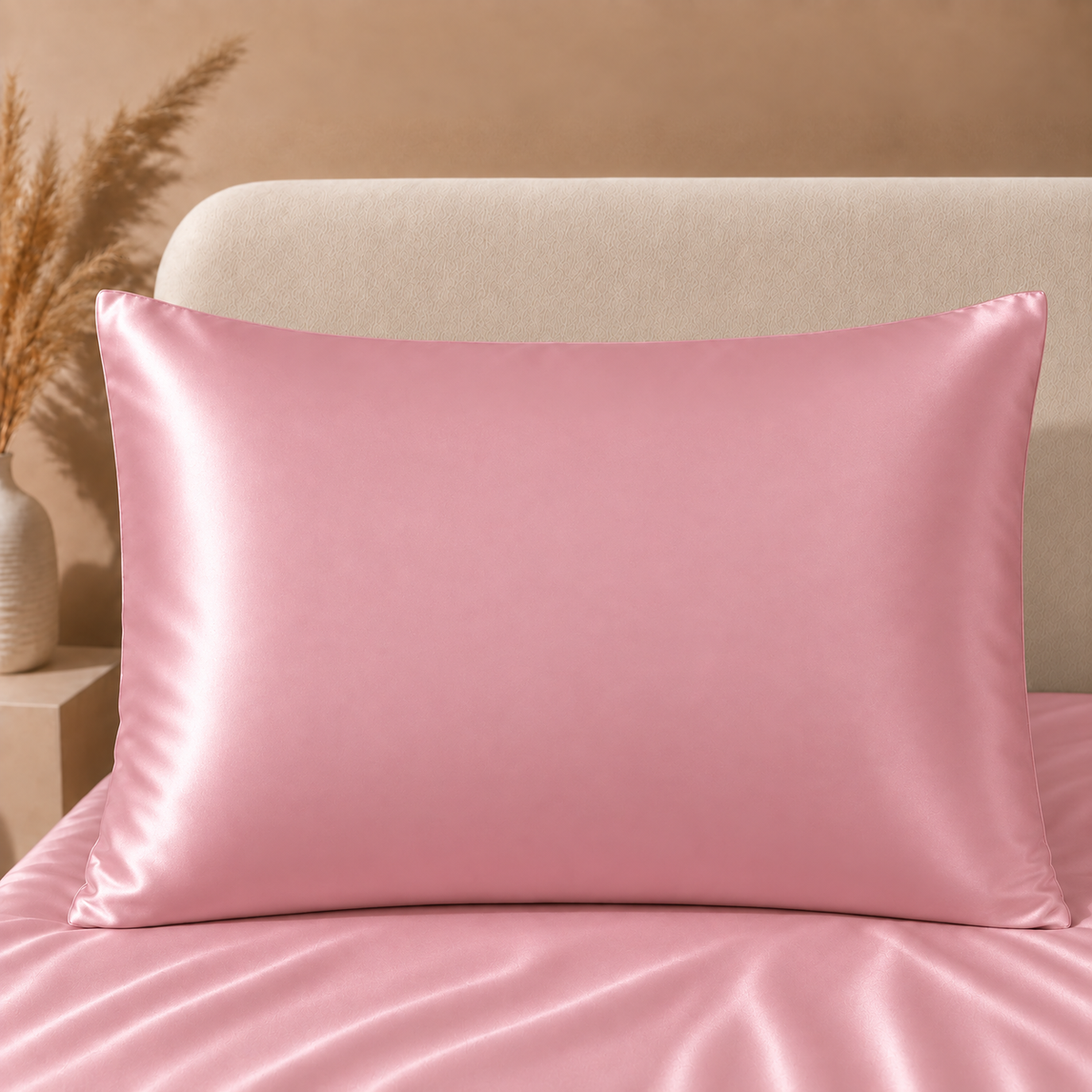 Taie d'Oreiller Rose en Soie de Mûrier