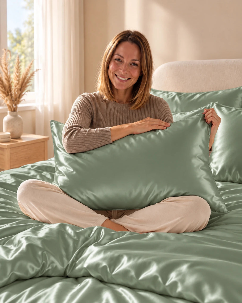 Femme assise sur son lit avec une taie d'oreiller vert foncé en soie de mûrier