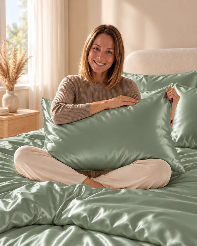 Femme assise sur son lit avec une taie d'oreiller vert foncé en soie de mûrier