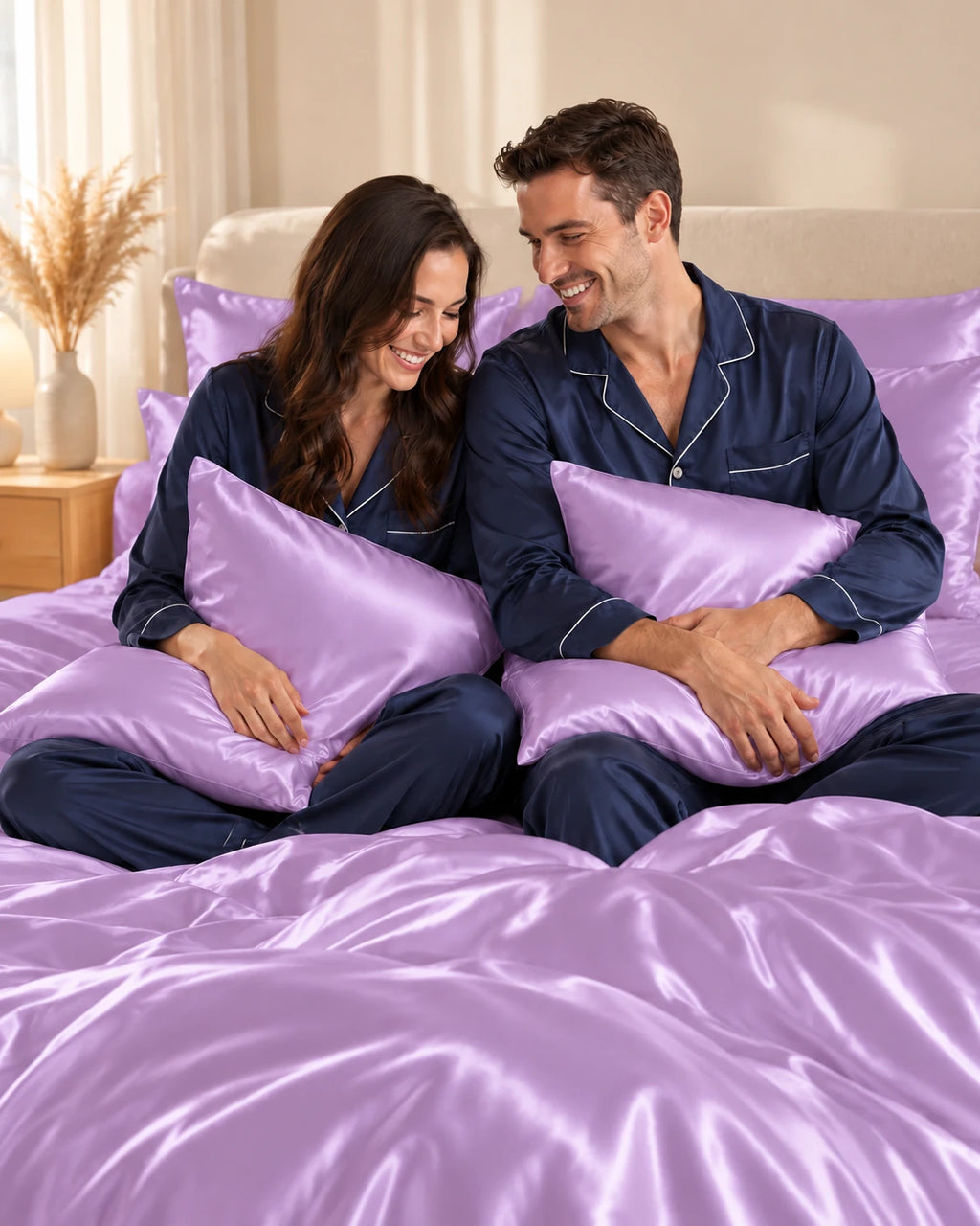 Couple complice sur un lit avec la taie d'oreiller violette en soie de mûrier