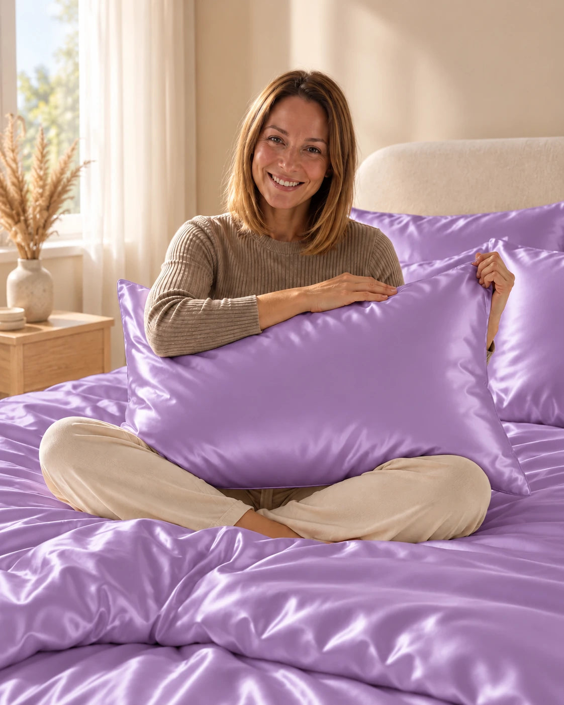 Femme assise sur son lit avec une taie d'oreiller violette en soie de mûrier