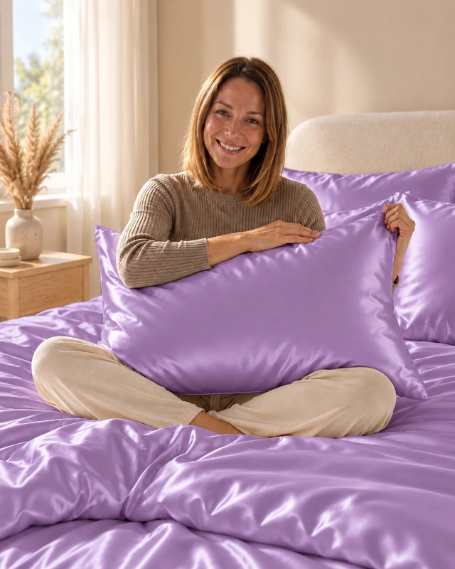 Femme assise sur son lit avec une taie d'oreiller violette en soie de mûrier